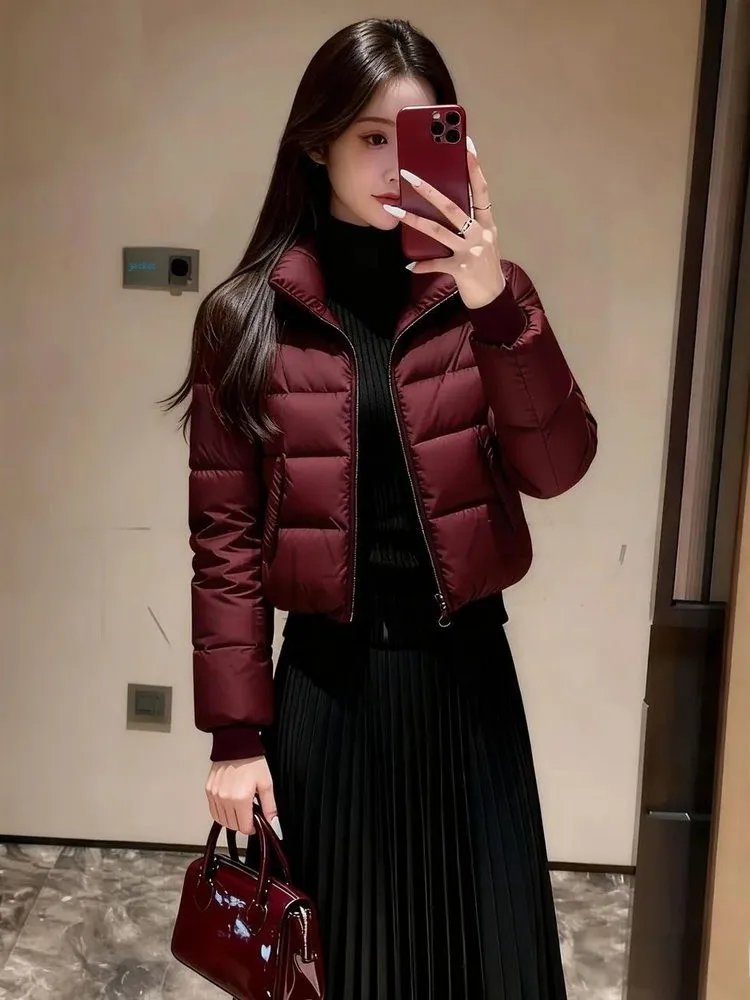 Retro Style Short Lightweight Cotton Jacket for Women Dirty-resistant Winter New Arrival Red Color Commute-friendly Design