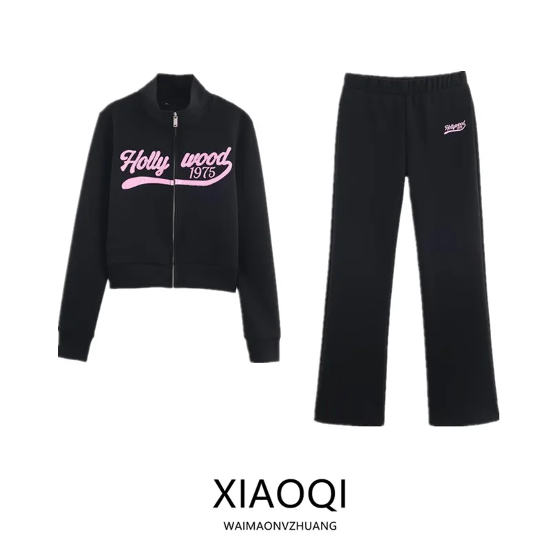 

Fall 2025 New Women's Long Sleeve Stand Collar Zipper Sweatshirt Pants Set Embroidered Printed Casual Sportswear