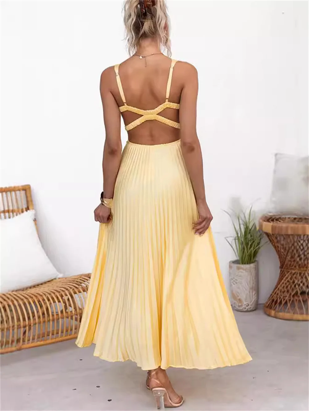 Elegant Yellow Satin Sling Draped Long Dress for Women 2024 Summer Deep V Neck Backless A-line Draped Evening Party Club Dresses