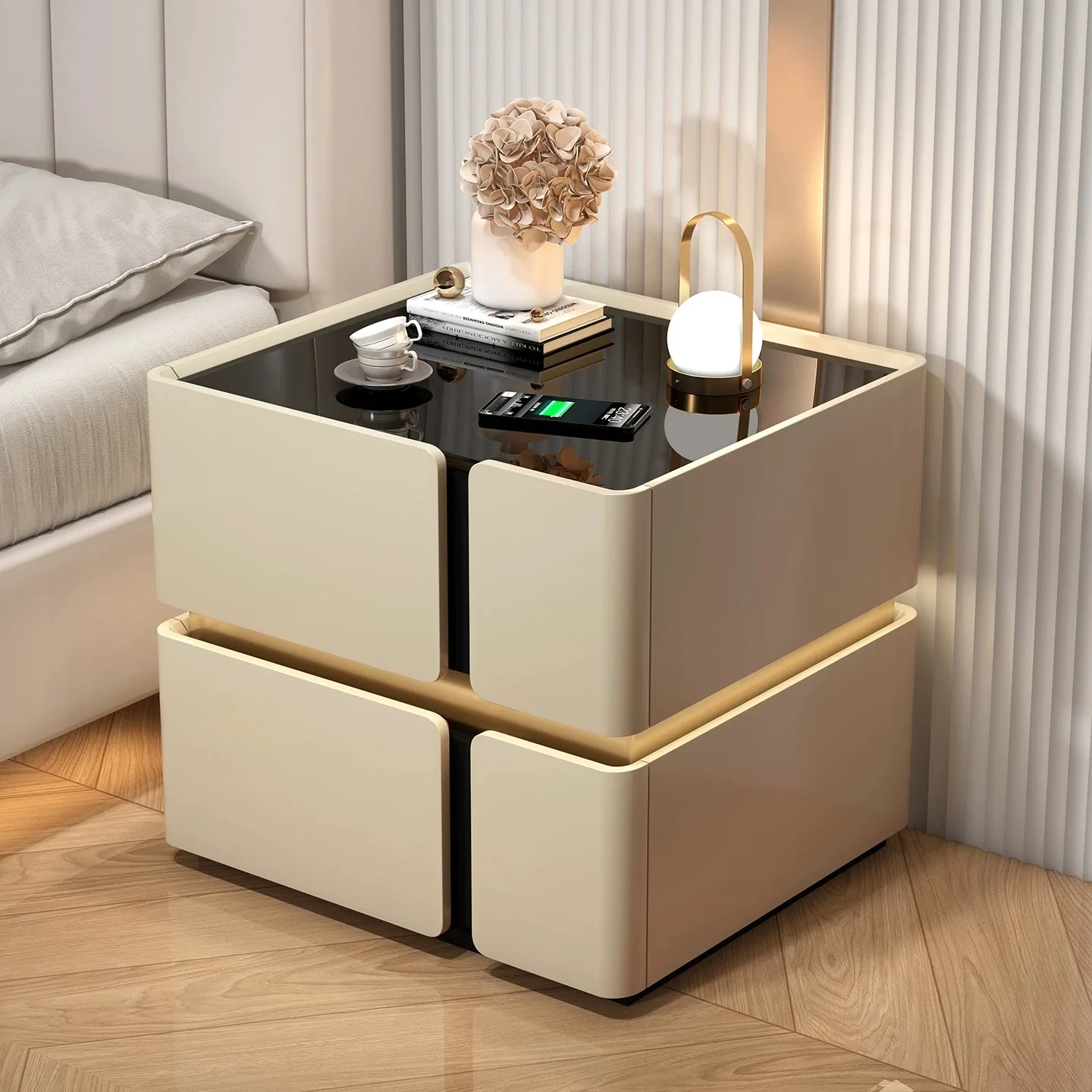 Modern Luxury Wood Smart Bedside Table with Led Light Wireless Charging Speakers 2 Drawer Bedroom White Leather Furniture Design - view 2