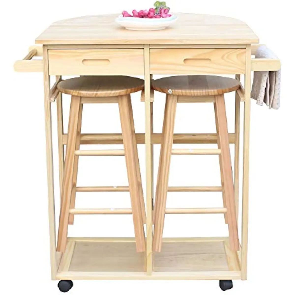 Foldable drop leaf wooden kitchen island cart with tiered shelving two concealed stools and dual storage drawers compact breakfa