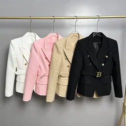 New Autumn Fashion Women Suit Jackets Long Sleeve Outwear Metal Buckle Jacquard Slim Female Blazers Coat with Belt S-5XL