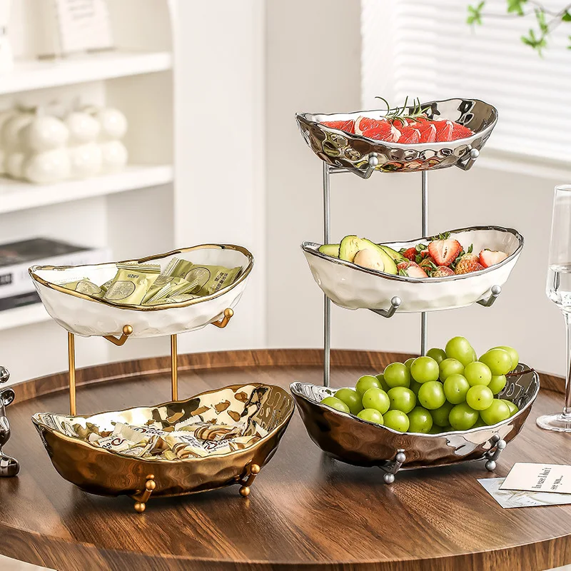 Light luxury ceramic fruit plate household high value multi-layer  electroplating process ingot dried fruit plate storage rack