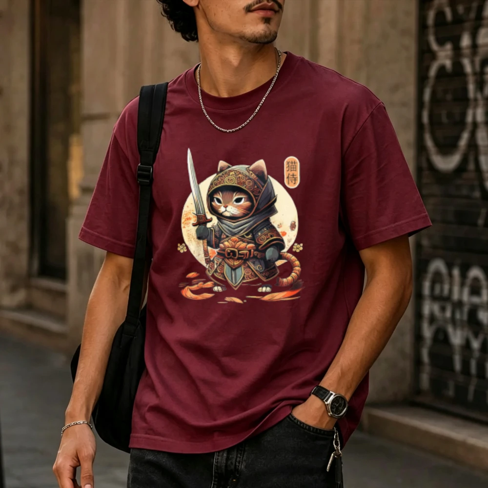Vintage Japanese Armored Samurai Warrior Cat with Sword Circular Art Print Men Cotton T Shirt Oriental Bushido Kanji Seal Tees