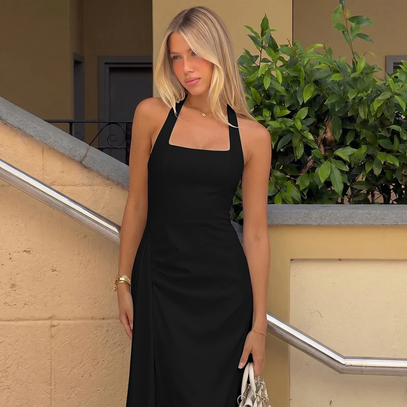 Hugcitar Modisches Kleid mit quadratischem Ausschnitt, einfarbig, rückenfrei, gerüscht, Bandage-Stil, sexy Midi-Abschlussballkleid, Sommerkleidung für Damen, Abendparty, Urlaub – Detail 26