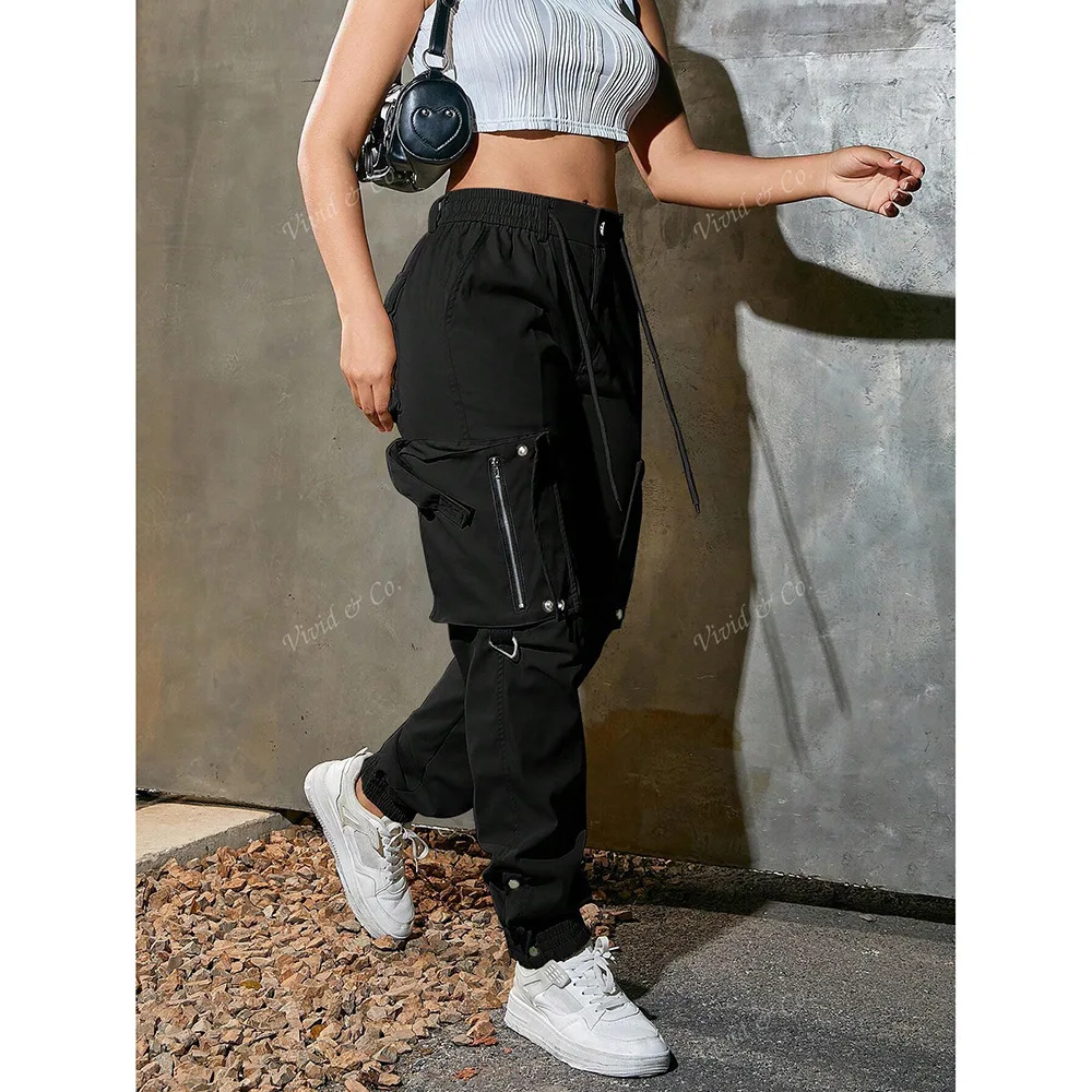 Women High Waist Cargo Pants Multiple Pockets Drawstring Jogger Pants Solid Color Loose Streetwear Casual Trousers
