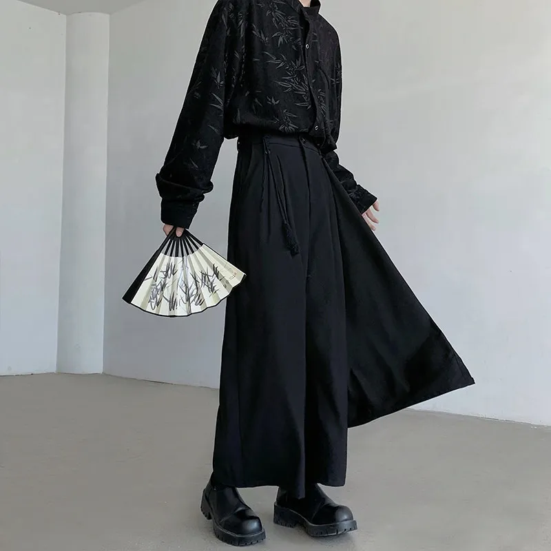 

Chinese style Wearing Two Pants And Skirts Mens Dark Stitching Wide Leg Loose Trousers Trendy Suit Pants Streetwear Unisex