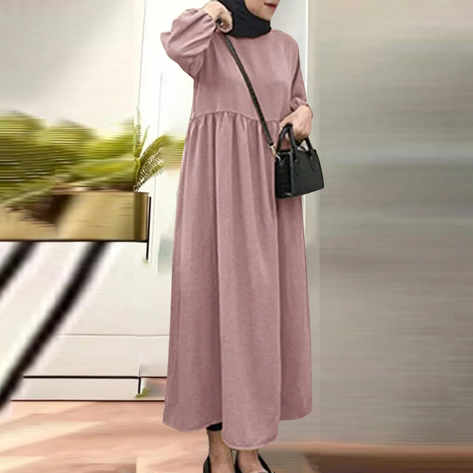 

Eid Muslim Modest Loose Dress for Women Solid Elastic Sleeve Abaya O Neck Front Zipper Elegant Large Swing Long Dresses Abayas