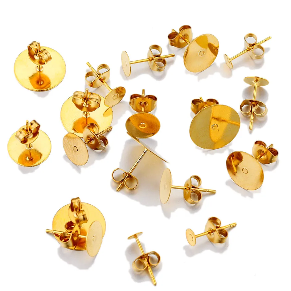 50Pcs/Lot Gold Stainless Steel Blank Post Earring Studs Base Pins with Earrings Plug Findings Ear Back for DIY Jewelry Making