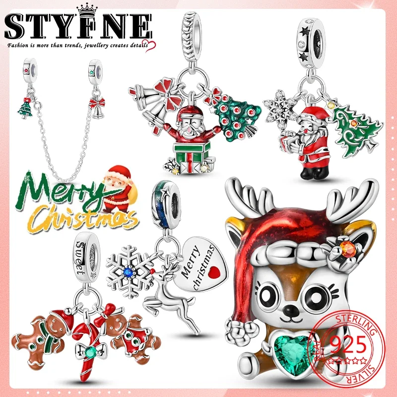 Symbols 2025 NEW Year Beads 925 Sterling Silver Jingle Bell Safety Chain Santa Gift Moose Hugging Heart Charms Bracelets Jewelry