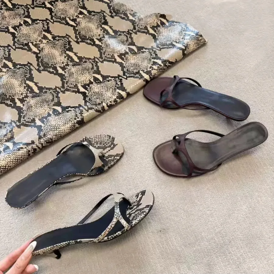 Women Snake Print Kitten Heel Slide Sandals Summer Square Toe Flip Flops Elegant Thin Strap Mule Slippers Outdoor Party Dress Pu