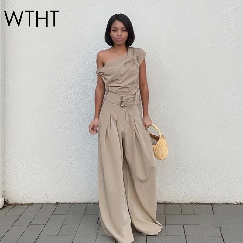 

WTHT Fashion Women's Suits Irregular Oblique Collar T-shirt Belt Design High Waist Wide Leg Pants Set Female 2025 Summer 1LS2200