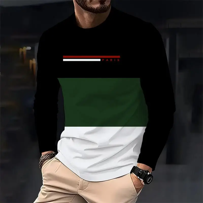 باريس اللون الرجال فضفاضة طويلة الأكمام تي شيرت مطبوع موضة crewneck تي شيرت غير رسمي مريح الرجال الربيع والخريف