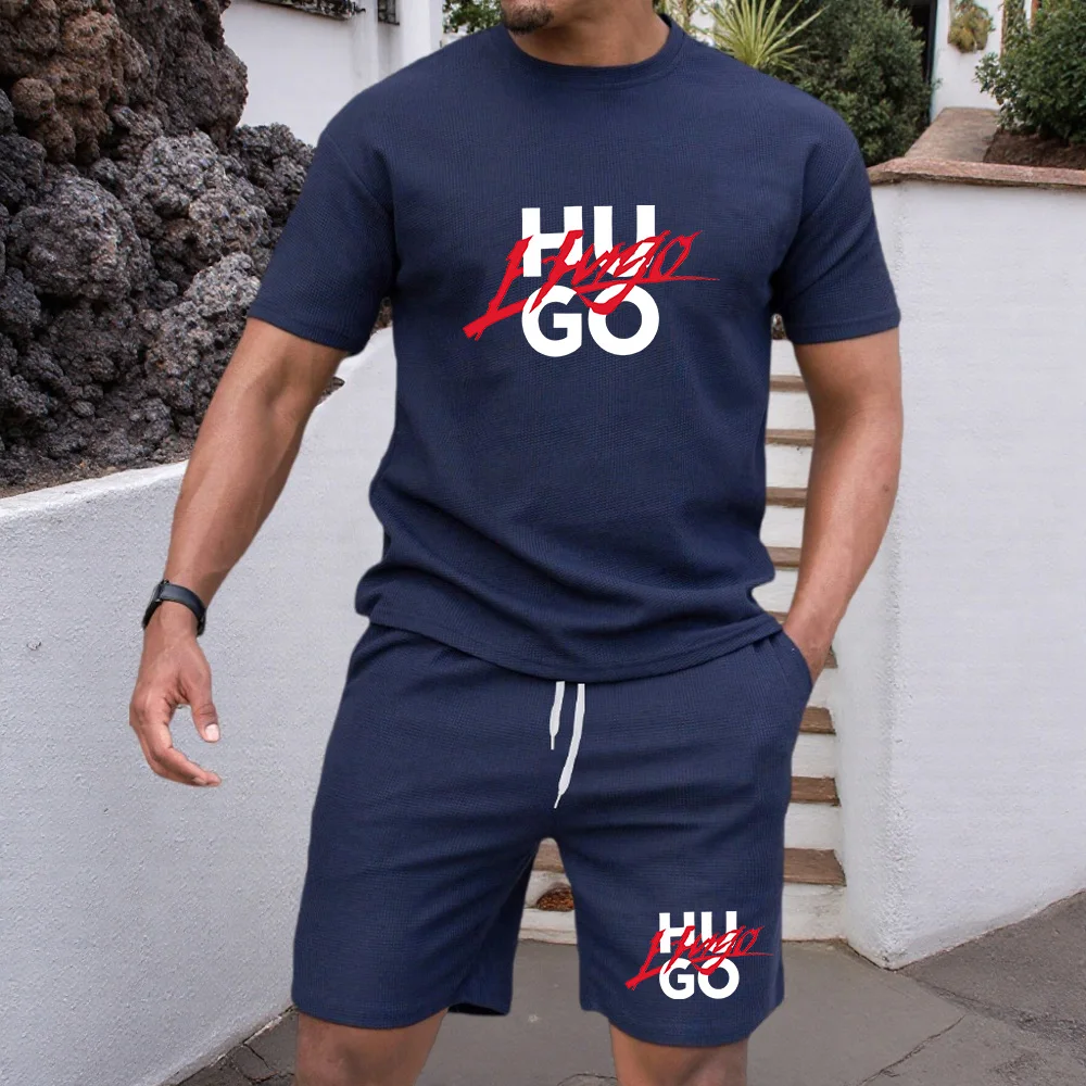 

Outdoor Trendy Men's Suit Simple Letter Rose Patchwork Color Round Neck Short Sleeve Shorts Comfortable and breathable material