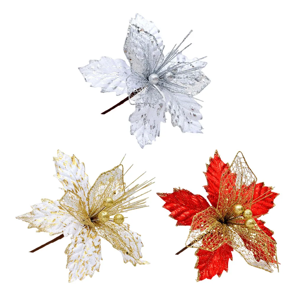 1pc 22cm Christmas Poinsettia Glitter Flower Hanging Xmas Party Tree Decorations DIY Garlands Home Wedding Party Decor image 5