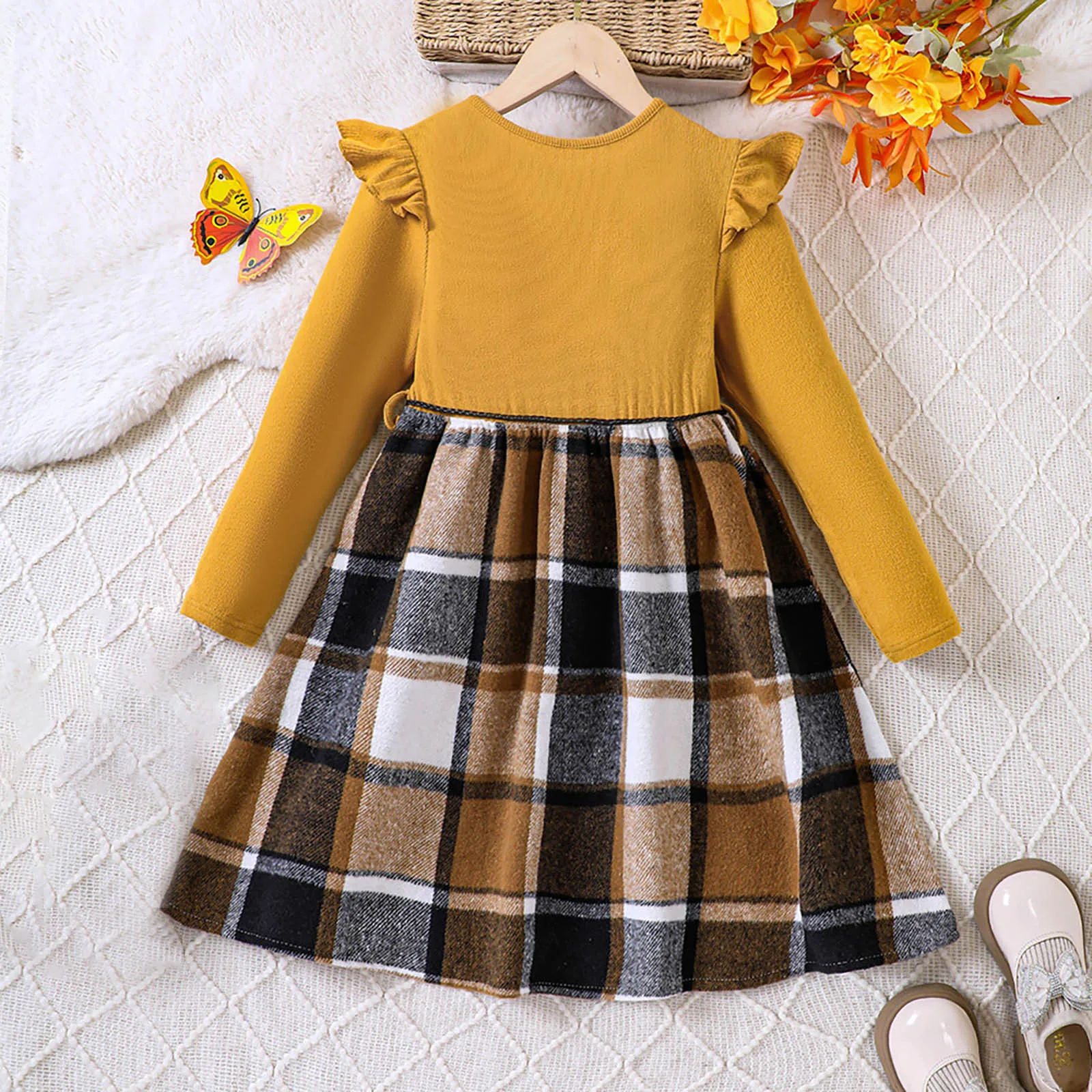 Children Girls Ribbed Long Sleeve Lattice Prints Ruffles Dresses Autumn Winter Clothes Patchwork Plaid Dress Toddler Girls 4-11Y