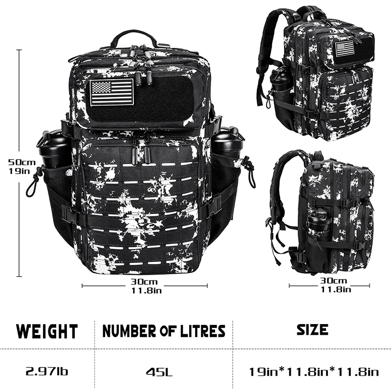 LHI 45L Tactical Backpack for Men Women Hinking Camping Climbing Explore Bag Sports Travel 3 Day Rucksack with Bottle Holder