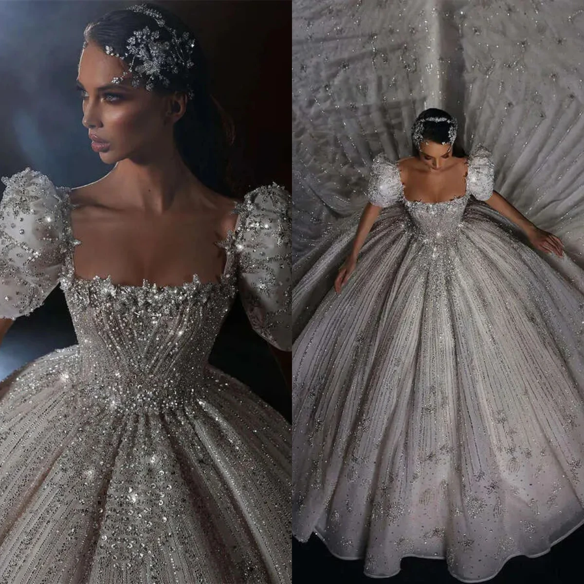 

Luxurious Sparkling A-Line Crystal Bead Decoration Wedding Dress Sexy Square Neck Short Sleeved Train Bride Dress Customized