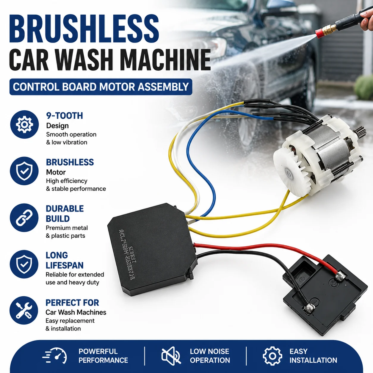 Brushless Motor Assembly for Auto Detailing Car Wash Machine 9-Tooth Reduced Vibration Smooth Operation Metal Plastic