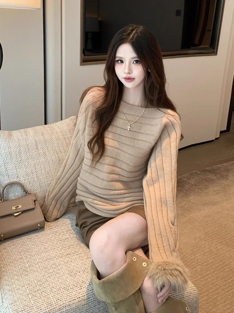 Lazy Long Sve Knitted Sweater Women's Loose Fit Sweet Sle oulder Slanting Furry Lap Opening Casual Daily Wear Top
