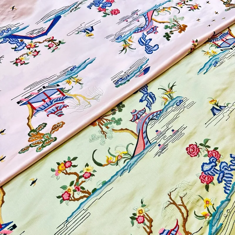 

Silk plain brocade embroidery Lake scenery national style new Chinese traditional dress satin color