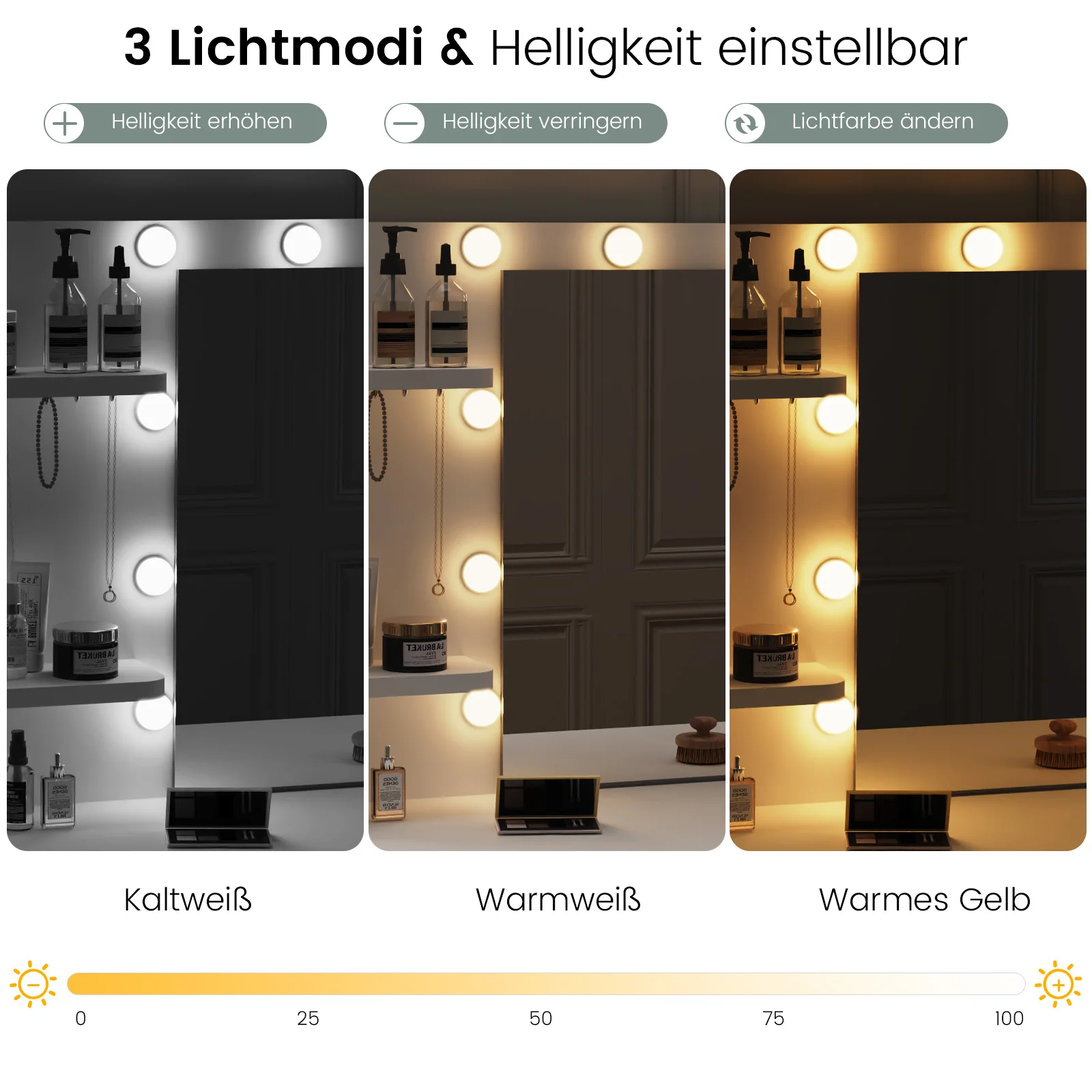 طاولة تزيين بيضاء مع إضاءة LED ومرآة، طاولة مستحضرات تجميل مع 7 أدراج، 6 أقسام، خزانة ذات أدراج حديثة لغرفة النوم