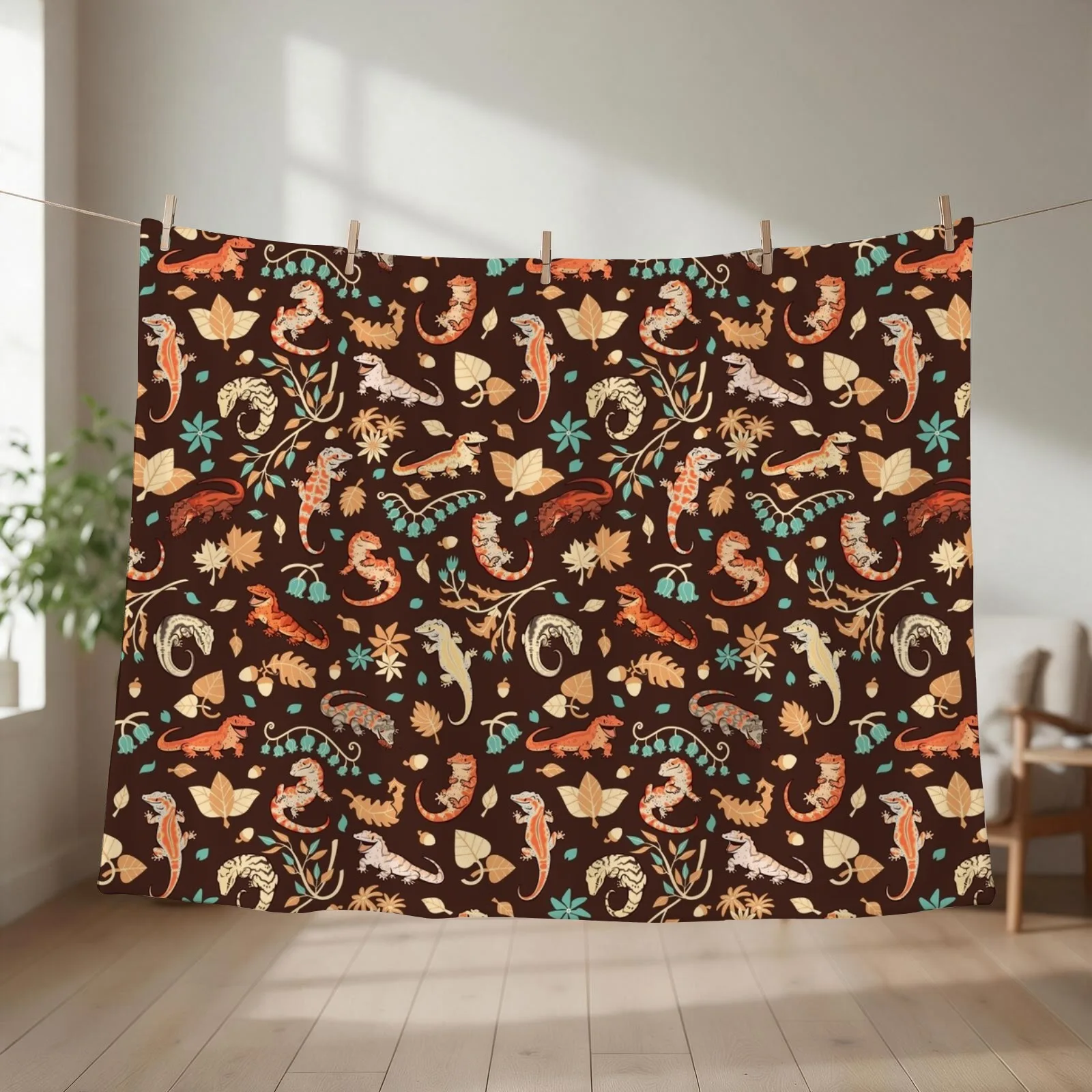 Autumn geckos in dark brown Throw Blanket couch cozy soft plush fuzzy picnic outdoor blanket