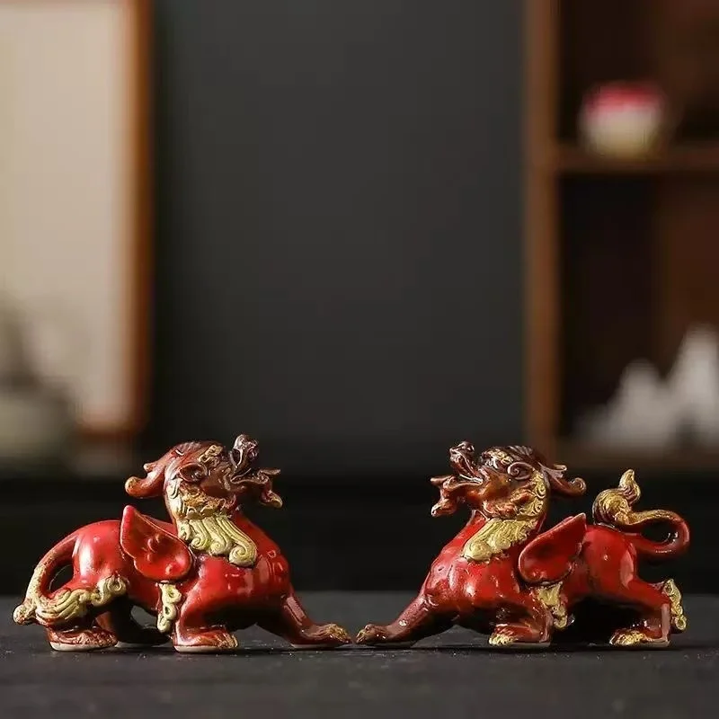 Ceramic Lucky Pixiu Pair, Chinese Tea Pet Ornaments for Tea Table, Living Room Decor, Office Desk Accessories