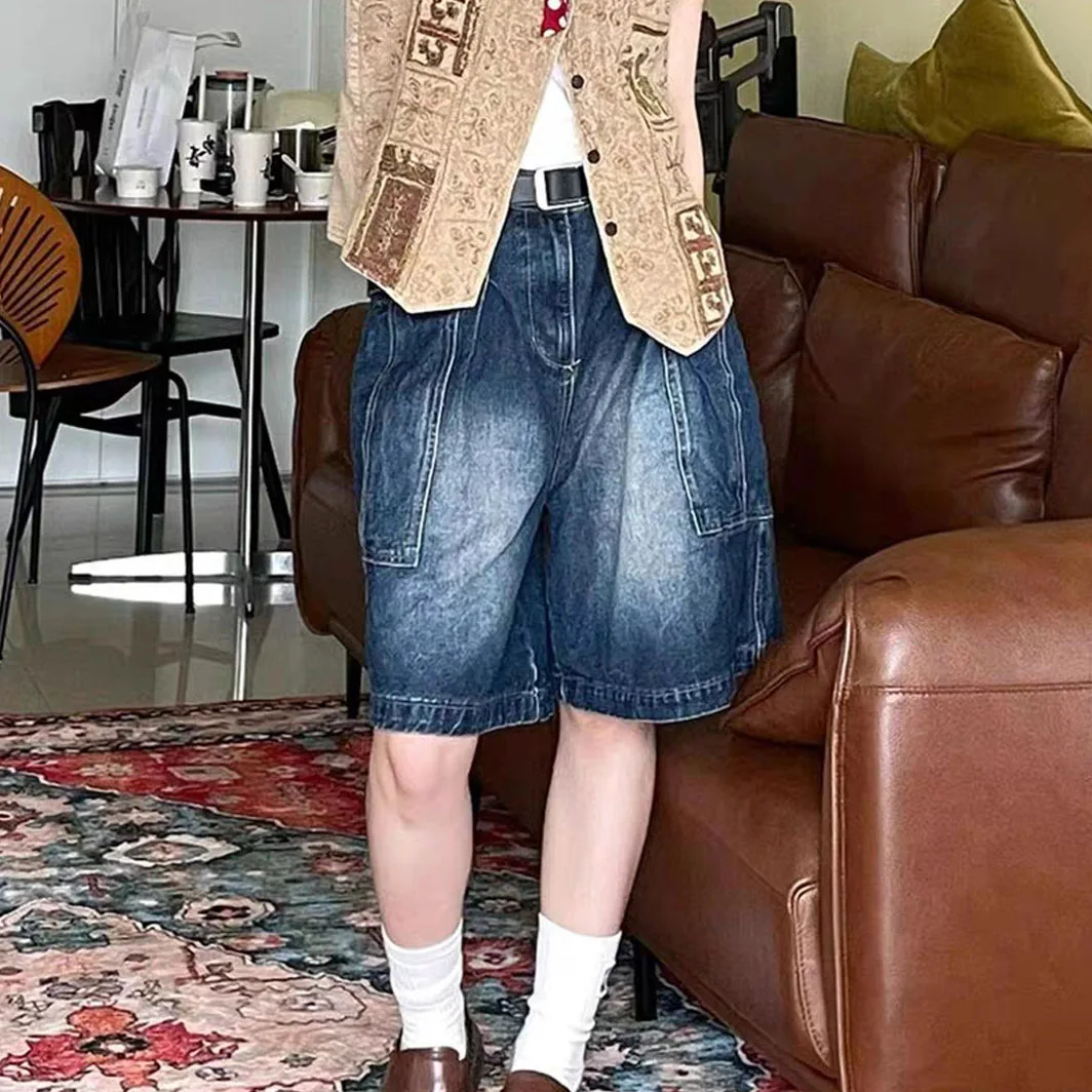 

American Retro Big Pockets High Street Jeans Women High Waist Casual Grunge 2000s Denim Shorts Retro Baggy Y2K Washed Shorts