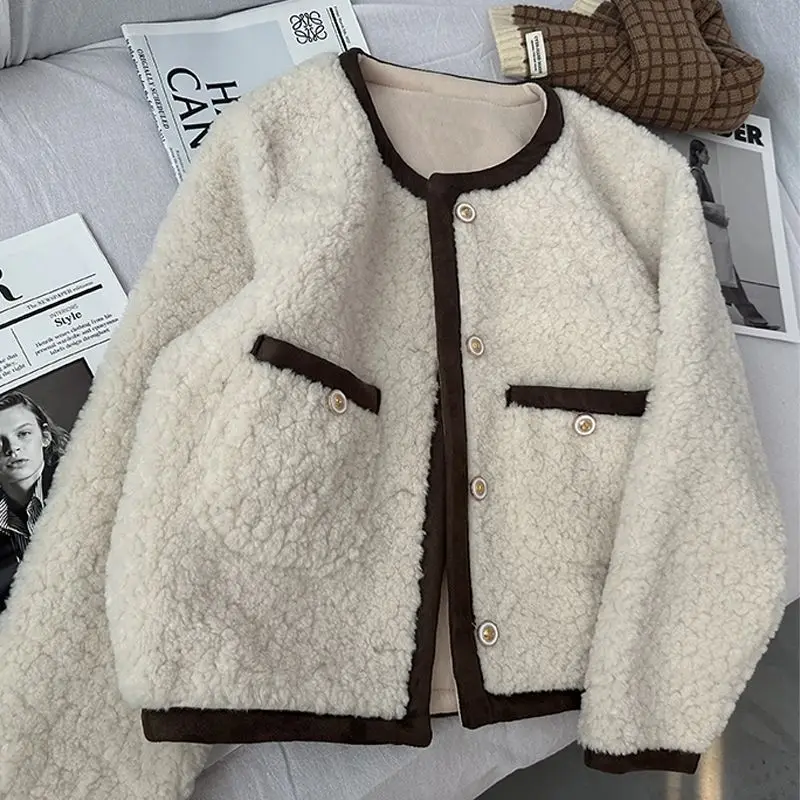 Trendy Faux Lamb Wool Jacket Loose-fit Thickened Fleece-lined Versatile Top For Women Autumn/winter