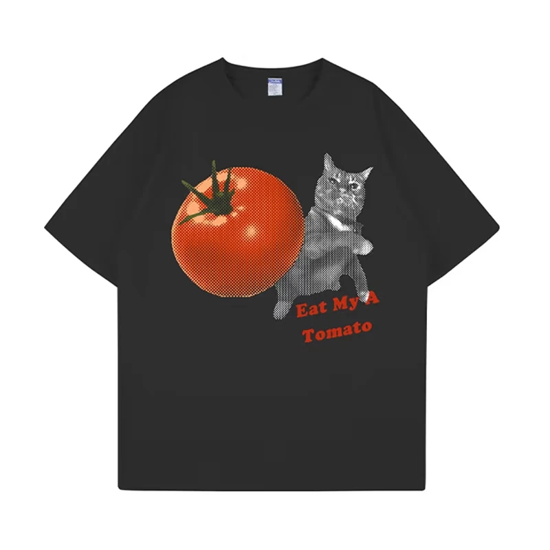 Funny Cat Meme T-shirt Tomato Throwing Kitten Printed T-shirt Couple's T-shirt Women's Comfortable T-shirt