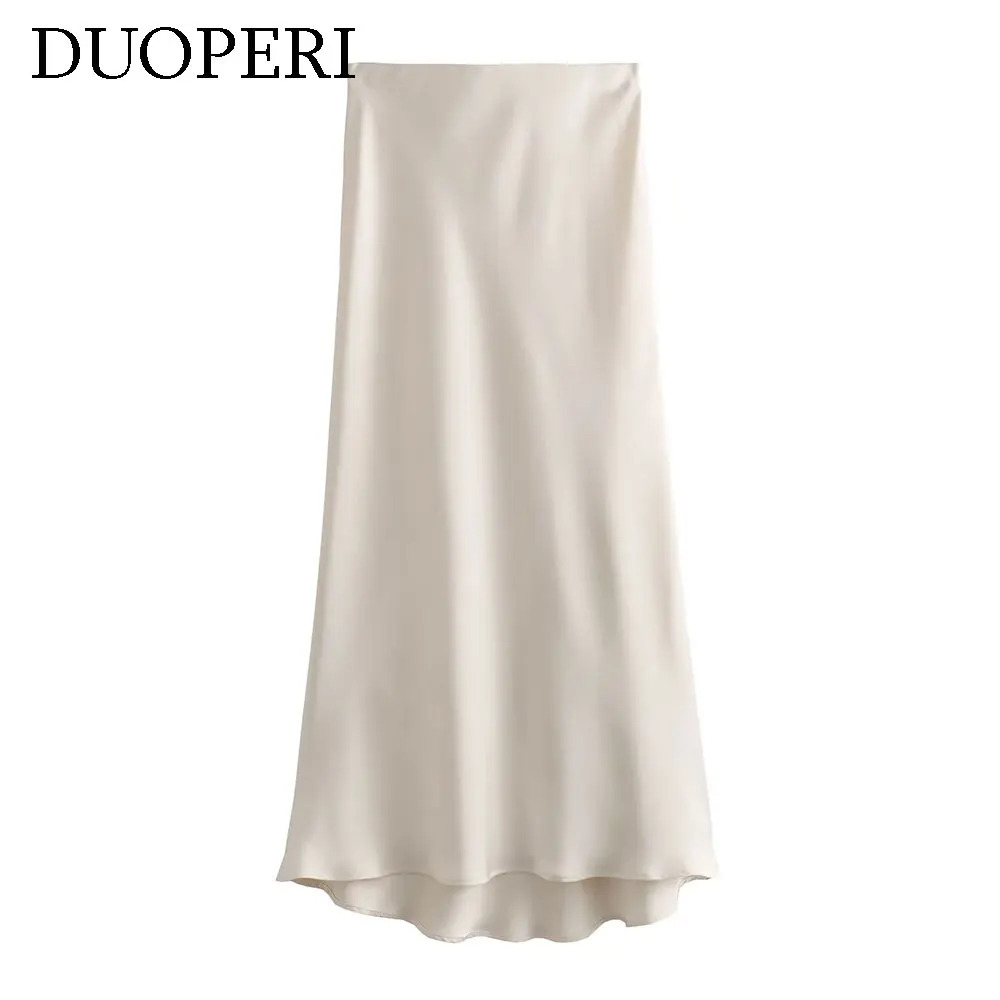 DUOPERI Women Fashion Plain Multicolor Satin Textured Midi Skirt Female Chic Lady Casual Elegant Long Skirt