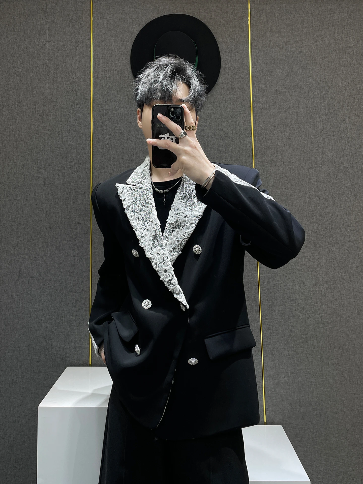 Fashionable Urban Men's Double-breasted Lace Patchwork Loose Fit Suit Jacket Casual Style Long Sleeve Pure Color Autumn Wear