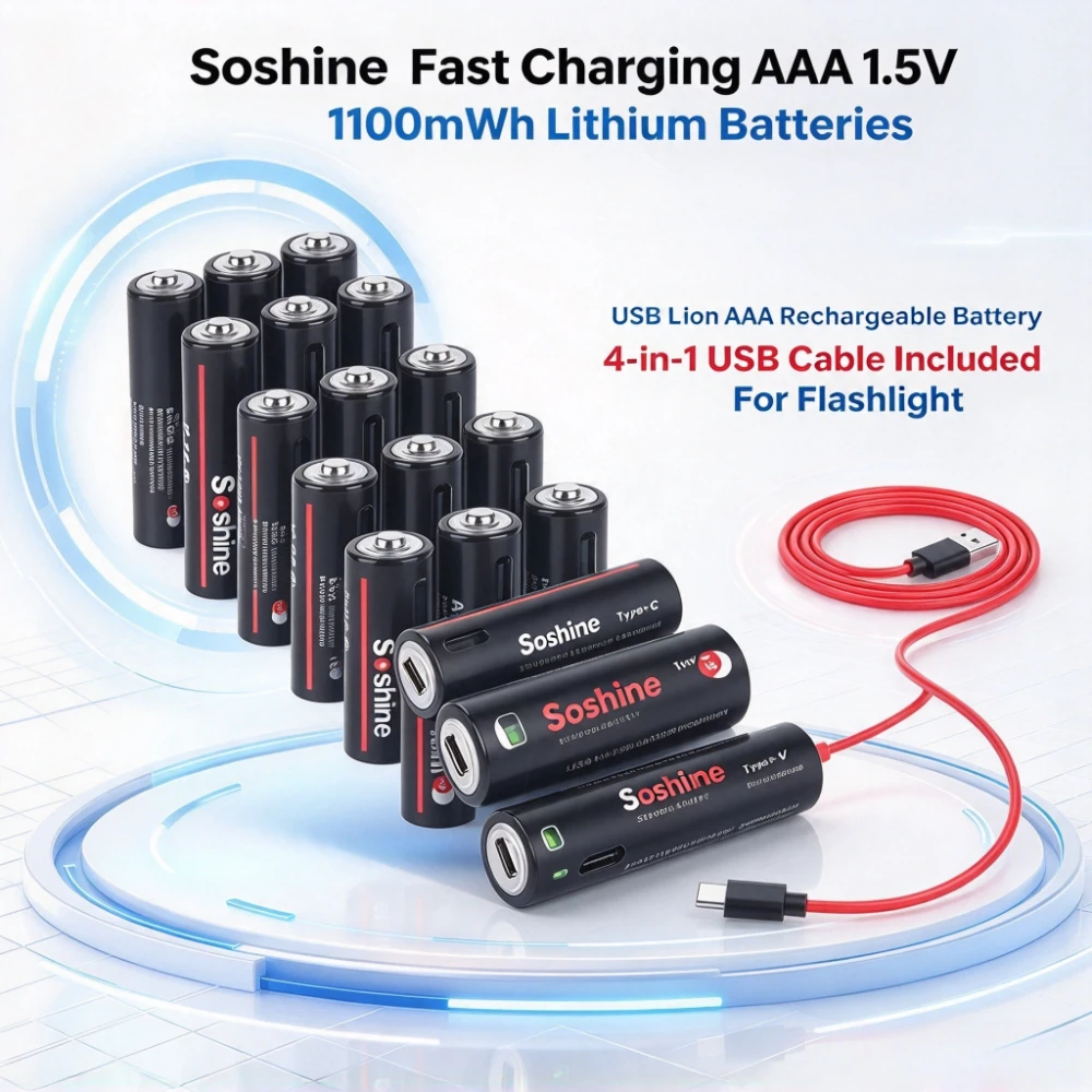 Soshine AAA 1.5V 1100mWh Lithium Batteries USB Li-ion AAA Rechargeable Battery Fast Charging with 4-in-1USB Cable for Flashlight