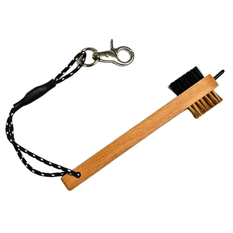 ABHS-Wood Handle Golf Club Brush With Metal Groove Cleaner Pick Portable Golf Cleaning Tool With Carabiner Lanyard