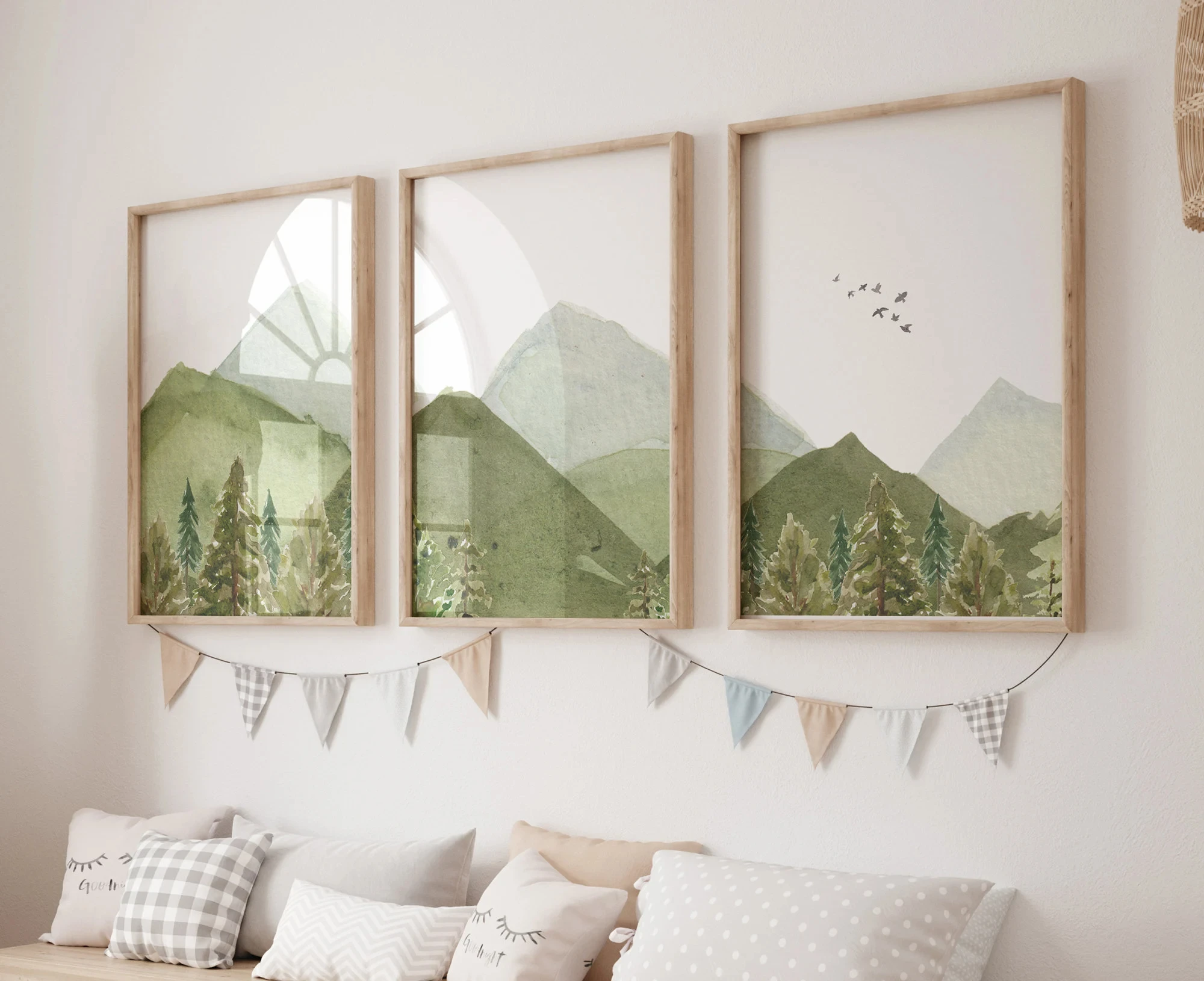 Modern Woodland Nursery Forest Wall Art Watercolor Tree Mountain Birds Canvas Painting Living Room Bedroom Home Decor