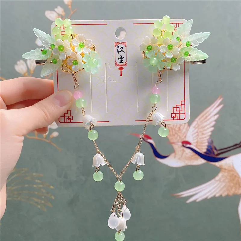 Girls Ancient Han Chinese Costume Forehead Tassel Siamesed Hairpin Women Cosplay Classical Hanfu Decor Conjoined Hair Pins Clips