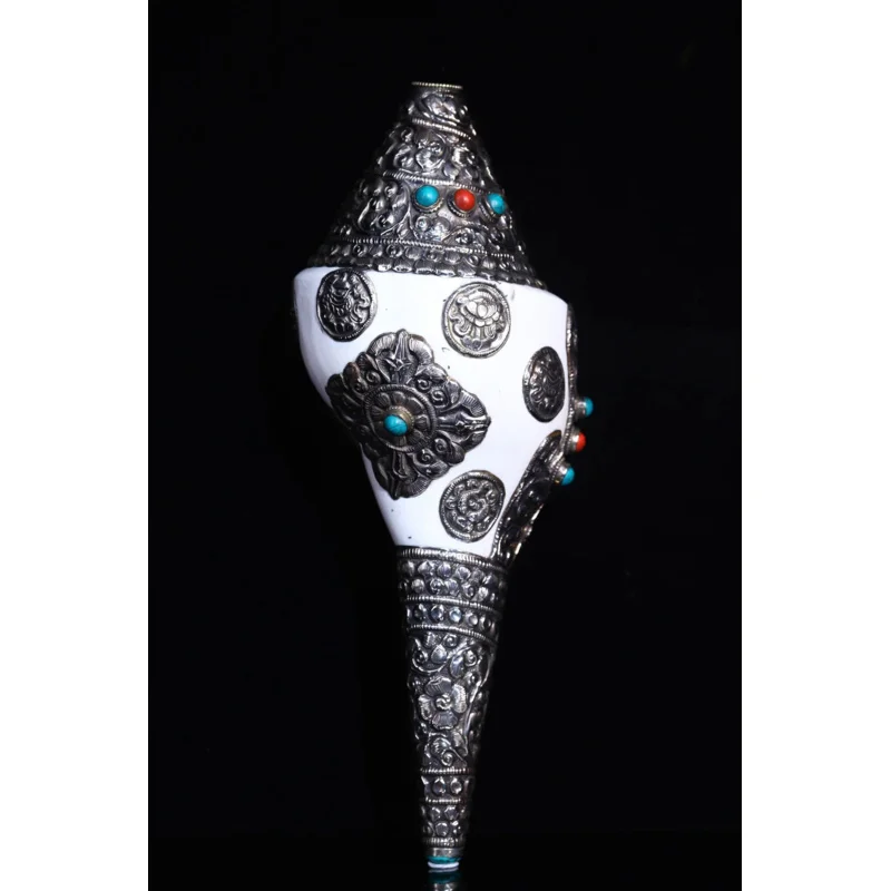 

Decorative handmade Nepal Tibetan old silver a Tibetan Buddha silver inlay gem turquoise shell conch horn statue