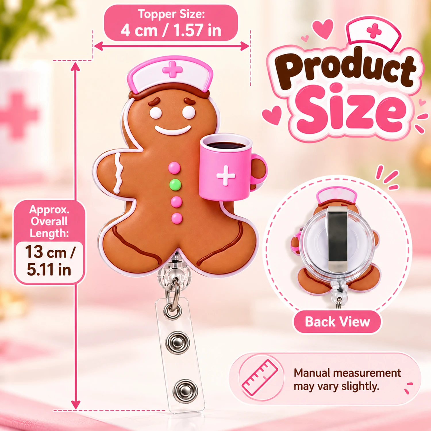 Gingerbread Nurse Retractable Badge Reel, Portable Id Badge Holder Clip For Nurse Hospital Clinic Office Christmas Festive Gift