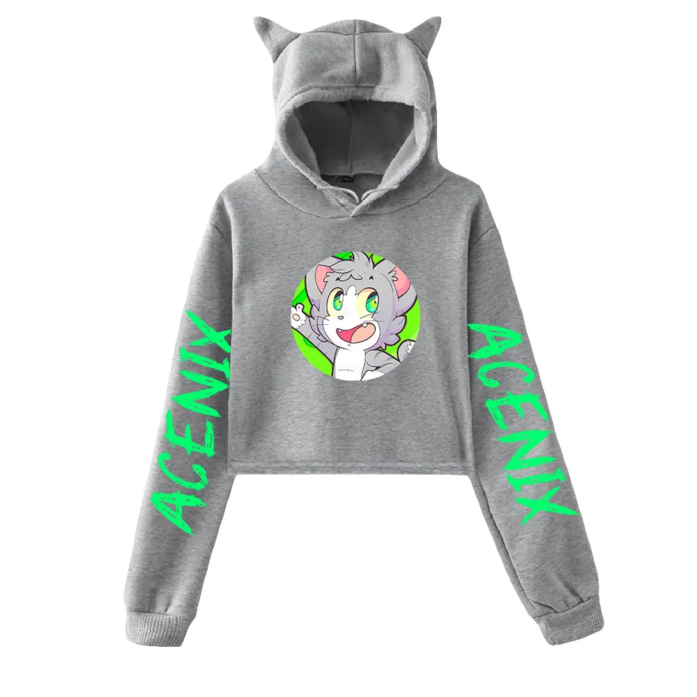 Acenix merch gato cortado hoodies feminino/menina com capuz colheita topos solto moletom com capuz