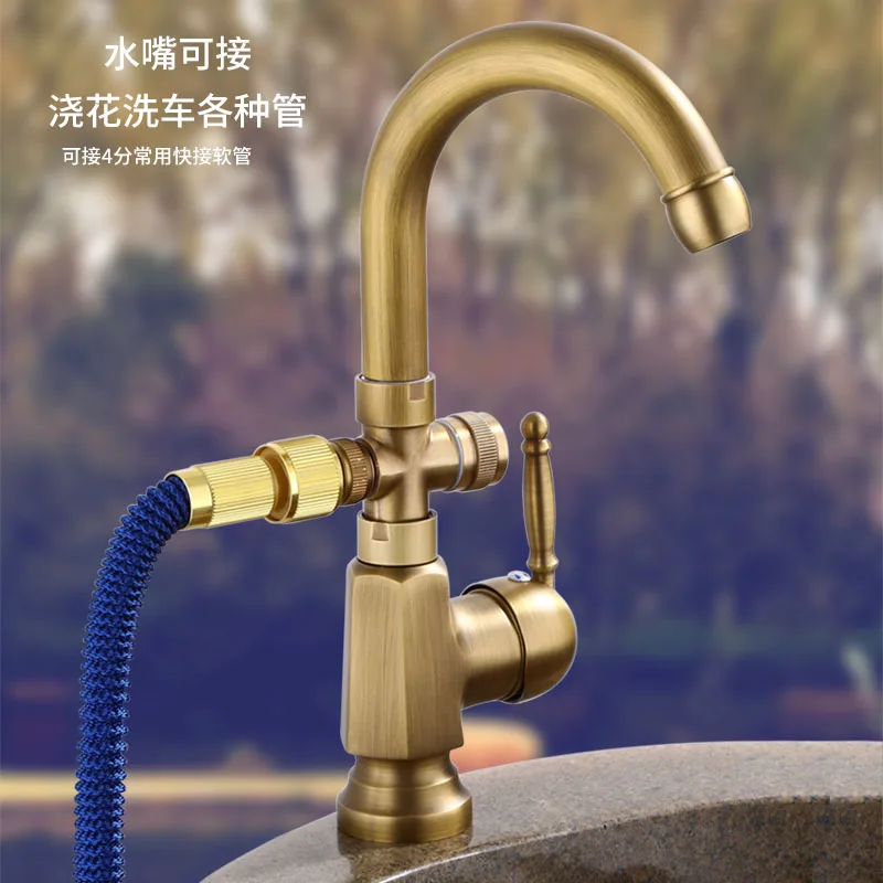 Antique outdoor courtyard antifreeze faucet single cold all copper wash basin winter yard marble garden outdoor
