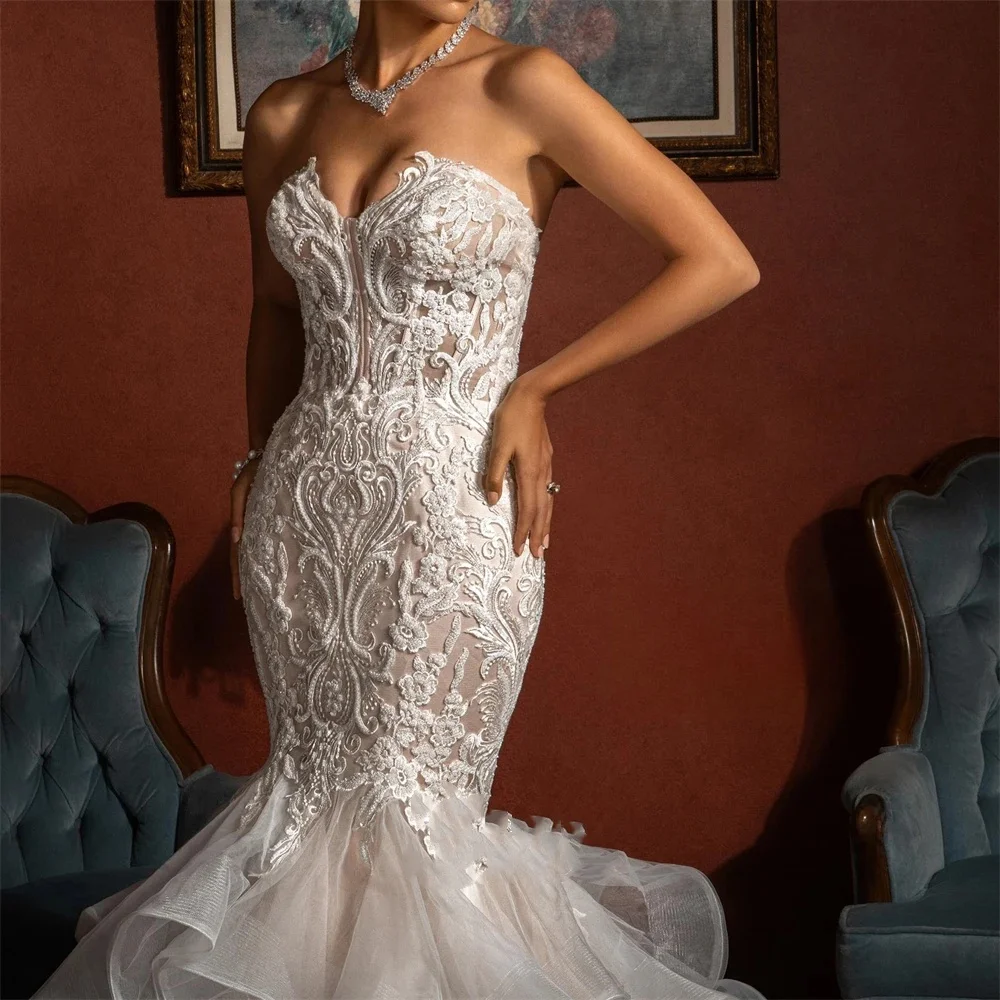 Lindo vestido de casamento sereia querida pescoço sem mangas sem costas vestidos de noiva apliques rendas varredura trem vestidos personalizados