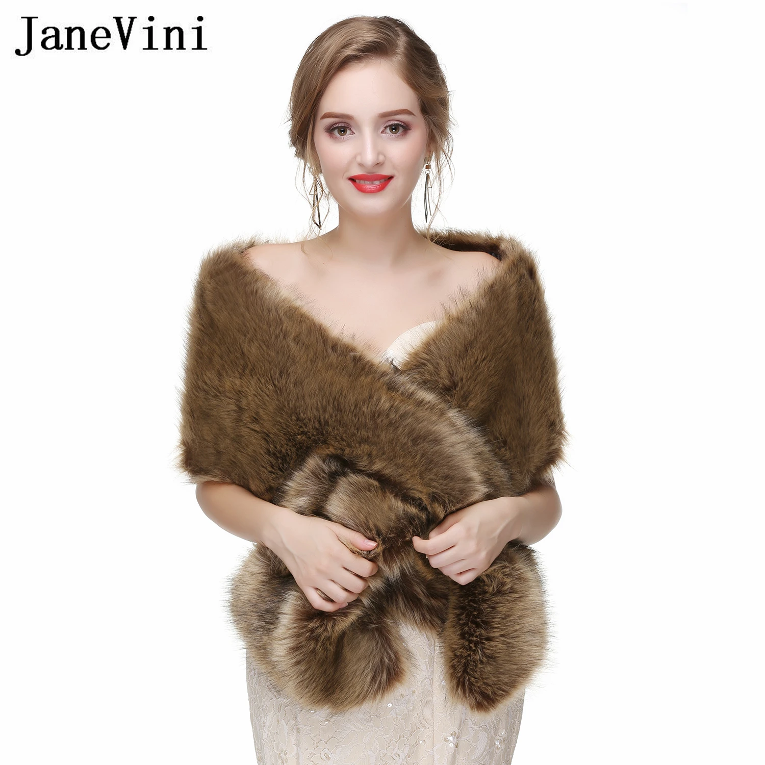 

JaneVini Winter Brown Bridal Bolero Faux Fur Cloak Wedding Shawl for the Bride Capes Wraps Stole Shrugs Capa Invitada Boda Mujer