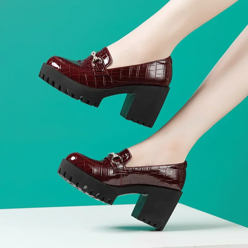 Black patent leather rhinestone 8cm high heels Women autumn Waterproof Platform Thick Sole Model Cheongsam Show Leather Shoes