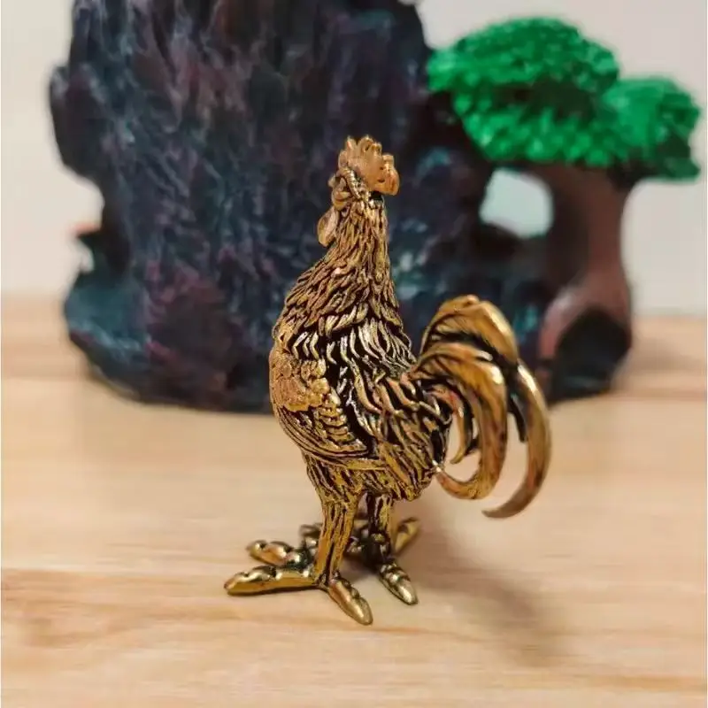Pure Brass Rooster Figurine - Intricate Golden Animal Brass Home Decor Office Gift Detailed Feathers Comb Table Ornament Tea Pet