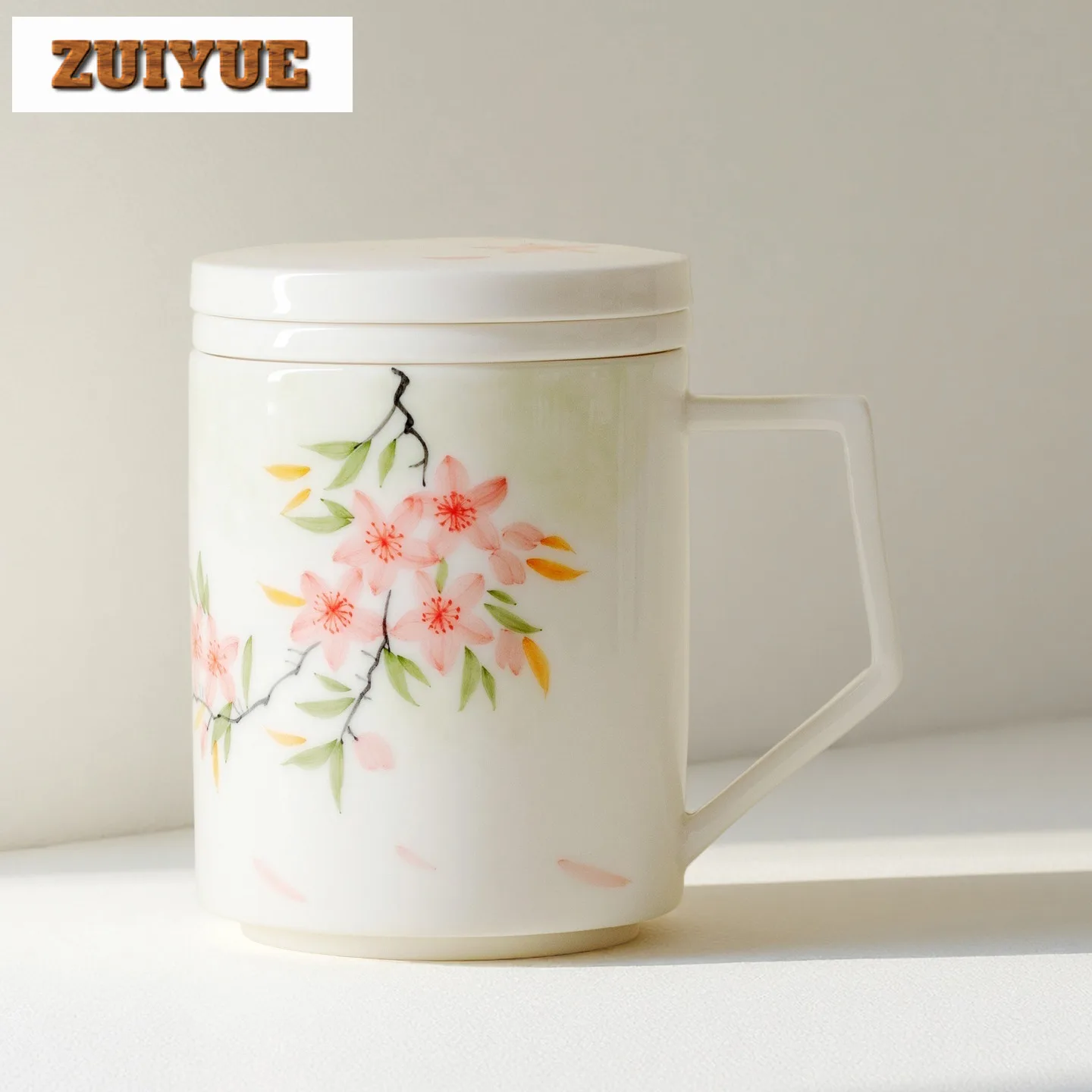 

500ml Hand-painted Peach Blossom Filter Tea Separator Cup Handmade Tea Mug With Infuser Tea Maker Office Water Cup Ornaments
