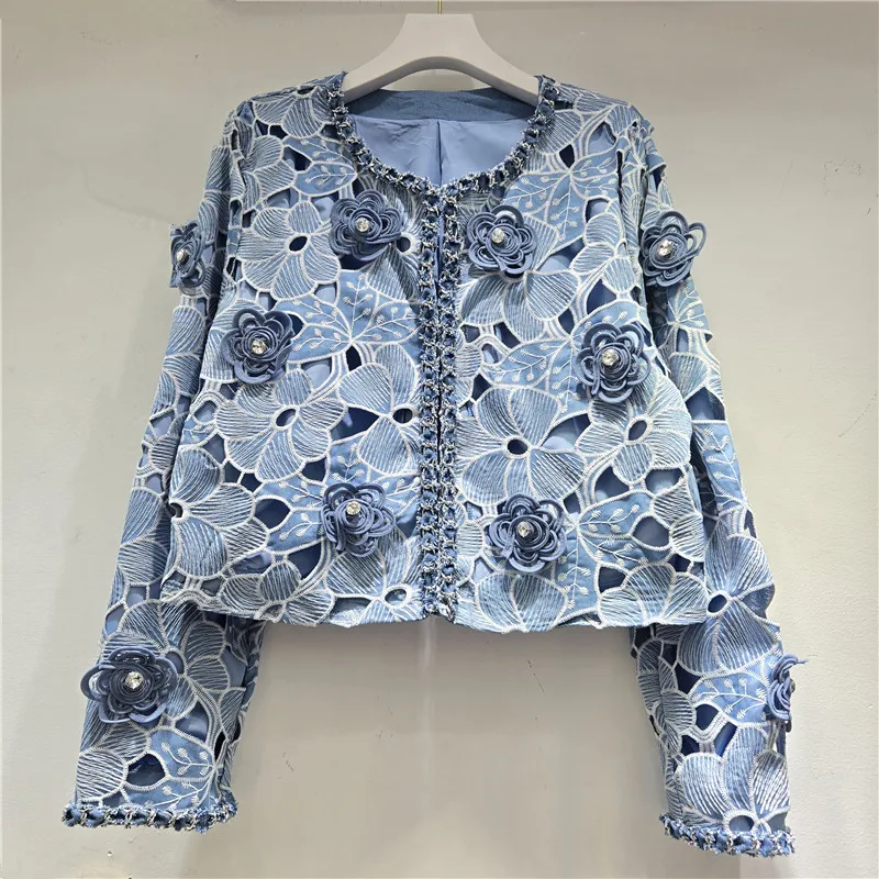 Denim Jacket Women 3D Floral Embroidery Hollow Out Coat Round Collar Single Breasted Outerwear Vintage Streetwear Spring 2026