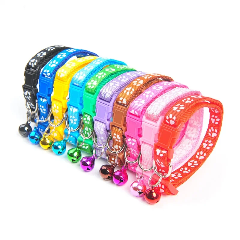 Collar para mascotas con campana, huella de dibujos animados, colorido perro, cachorro, gato, gatito, Collar de anillo de campana de seguridad ajustable, accesorios para mascotas