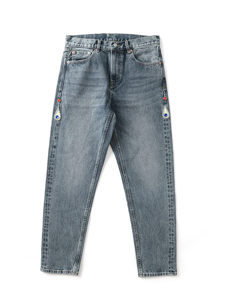 

Джинсы MBBCAR Skinny с серебристой отделкой, заклепками и стразами в рок-стиле, молодежные, из хлопкового денима, со средней посадкой, длинные брюки для молодых мужчин