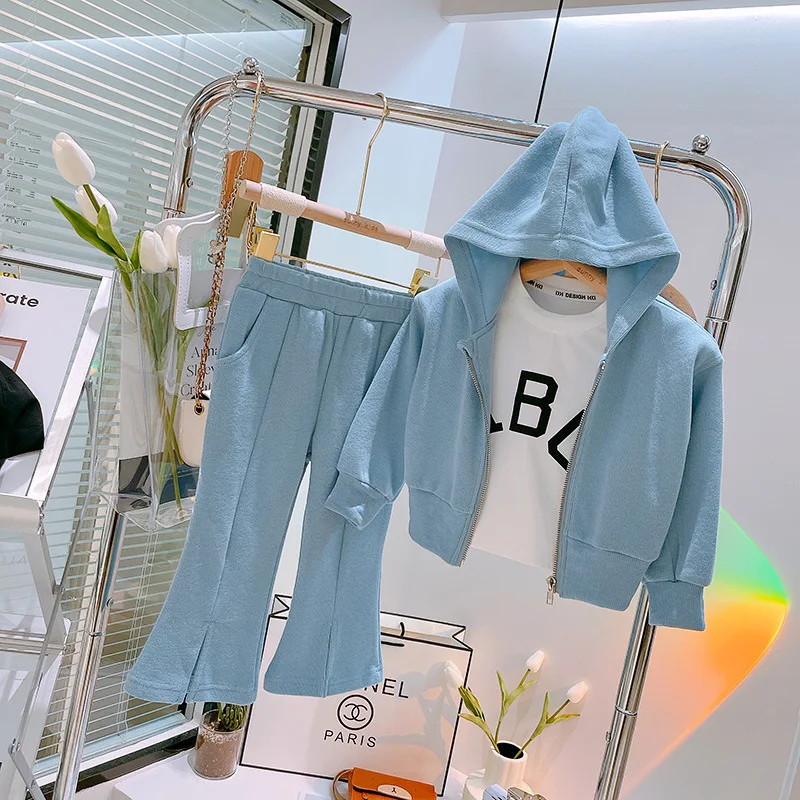 

Girls' Trendy Cool Hoodie Set Spring and Autumn Fashionable Zipper Hooded Top Base Shirt Casual Pants Three-Piece Set